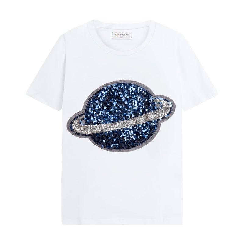 Mud Kingdom Little Girls Summer T-Shirt White Cute Sequins Planet Size 5 - Image 1